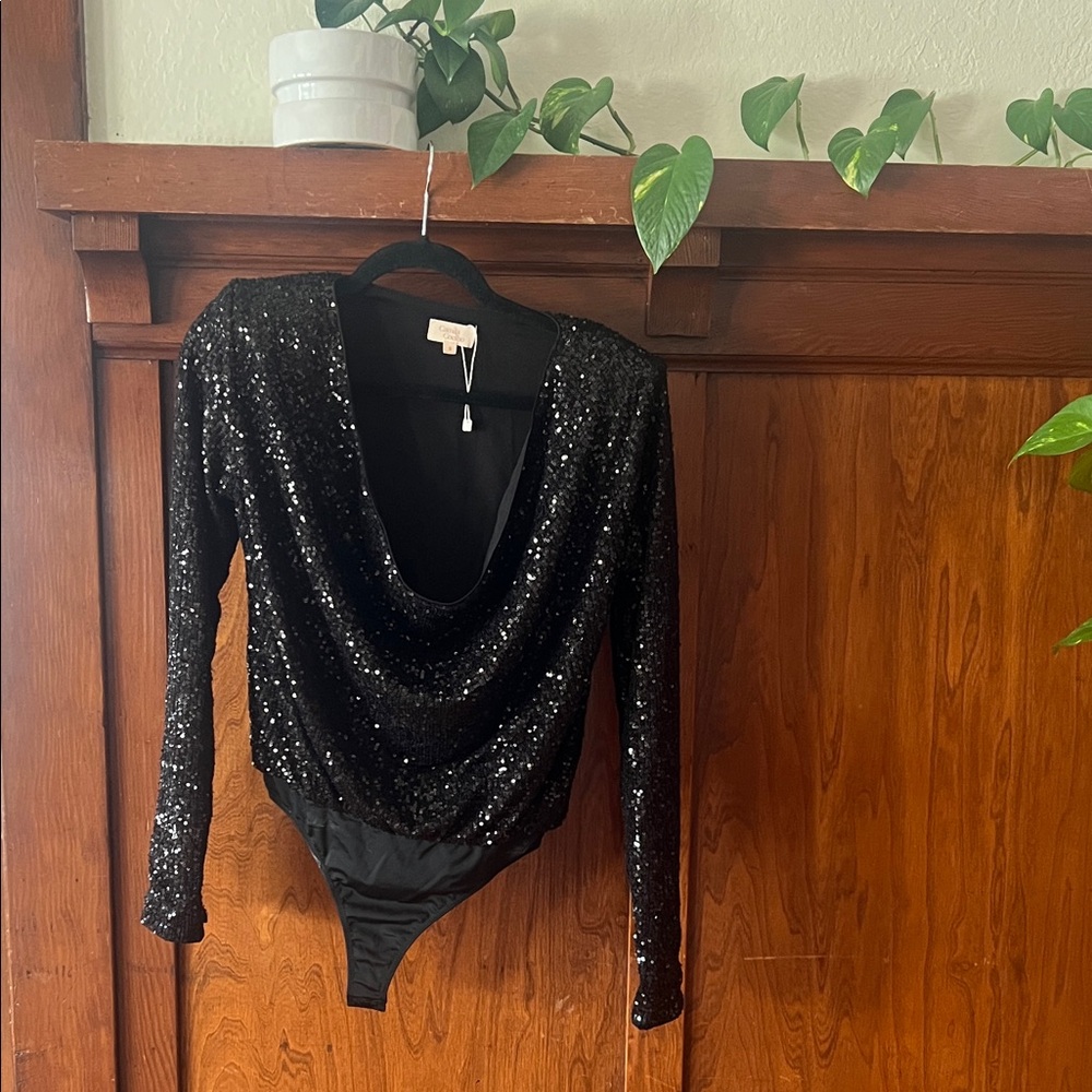 Camila Coelho Black Sequin Long Sleeve Cowl Neck Bodysuit